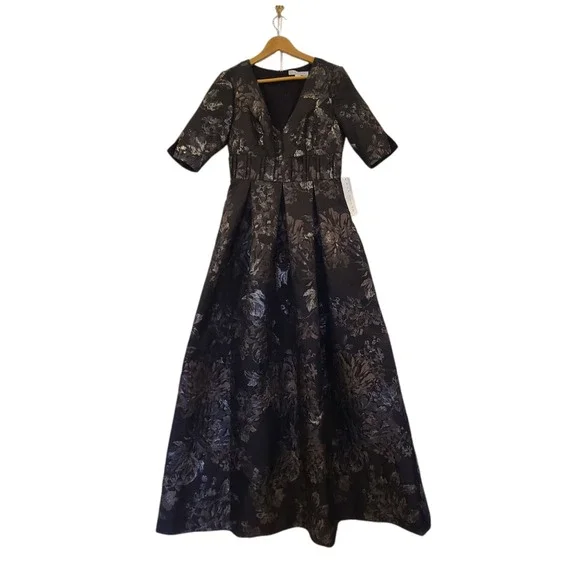 NWT Kay Unger Dress Womens 6 Tall Stella Gown Black Floral Metallic Sleeves Maxi - Picture 2 of 9